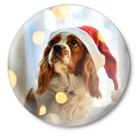 Значок с принтом Рождество в Петрозаводске,  металл | круглая форма, металлическая застежка в виде булавки | Тематика изображения на принте: dog | кавалер кинг чарльз спаниель | новый год | пес | рождество | собака