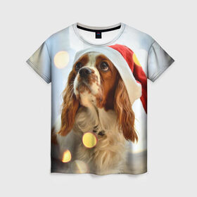 Женская футболка 3D с принтом Рождество в Петрозаводске, 100% полиэфир ( синтетическое хлопкоподобное полотно) | прямой крой, круглый вырез горловины, длина до линии бедер | Тематика изображения на принте: dog | кавалер кинг чарльз спаниель | новый год | пес | рождество | собака