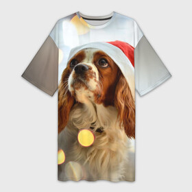 Платье-футболка 3D с принтом Рождество в Петрозаводске,  |  | dog | кавалер кинг чарльз спаниель | новый год | пес | рождество | собака