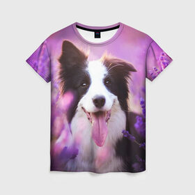 Женская футболка 3D с принтом Happy в Петрозаводске, 100% полиэфир ( синтетическое хлопкоподобное полотно) | прямой крой, круглый вырез горловины, длина до линии бедер | dog | бордер колли | пес | собака