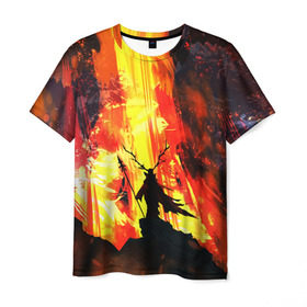 Мужская футболка 3D с принтом Колдун в Петрозаводске, 100% полиэфир | прямой крой, круглый вырез горловины, длина до линии бедер | волшебник | вулкан | горы | камни | копьё | лава | огонь | пламя | рога | фантастика | шаман