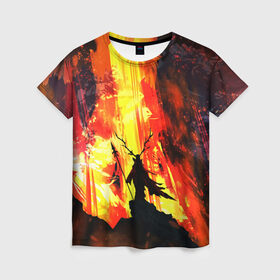 Женская футболка 3D с принтом Колдун в Петрозаводске, 100% полиэфир ( синтетическое хлопкоподобное полотно) | прямой крой, круглый вырез горловины, длина до линии бедер | волшебник | вулкан | горы | камни | копьё | лава | огонь | пламя | рога | фантастика | шаман