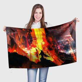 Флаг 3D с принтом Колдун в Петрозаводске, 100% полиэстер | плотность ткани — 95 г/м2, размер — 67 х 109 см. Принт наносится с одной стороны | волшебник | вулкан | горы | камни | копьё | лава | огонь | пламя | рога | фантастика | шаман