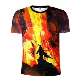 Мужская футболка 3D спортивная с принтом Колдун в Петрозаводске, 100% полиэстер с улучшенными характеристиками | приталенный силуэт, круглая горловина, широкие плечи, сужается к линии бедра | волшебник | вулкан | горы | камни | копьё | лава | огонь | пламя | рога | фантастика | шаман