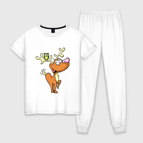 Женская пижама хлопок с принтом Рудольф в Петрозаводске, 100% хлопок | брюки и футболка прямого кроя, без карманов, на брюках мягкая резинка на поясе и по низу штанин | год | новый | олененок | олень | рождество | рудольф | санта | сова | филин