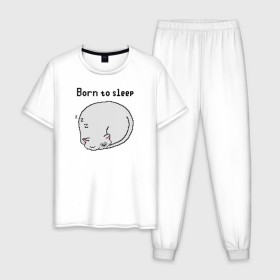 Мужская пижама хлопок с принтом Born to sleep в Петрозаводске, 100% хлопок | брюки и футболка прямого кроя, без карманов, на брюках мягкая резинка на поясе и по низу штанин
 | pixelart | коты | пиксельарт | рожденный спать | сон