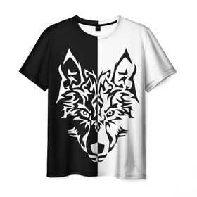Мужская футболка 3D с принтом Двуликий волк в Петрозаводске, 100% полиэфир | прямой крой, круглый вырез горловины, длина до линии бедер | монохромный | тату | черно белый