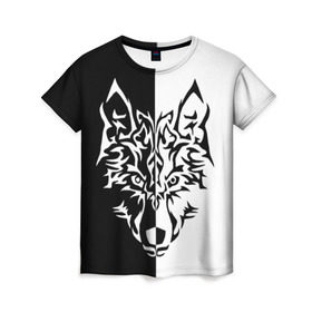 Женская футболка 3D с принтом Двуликий волк в Петрозаводске, 100% полиэфир ( синтетическое хлопкоподобное полотно) | прямой крой, круглый вырез горловины, длина до линии бедер | монохромный | тату | черно белый