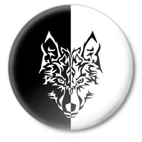 Значок с принтом Двуликий волк в Петрозаводске,  металл | круглая форма, металлическая застежка в виде булавки | монохромный | тату | черно белый