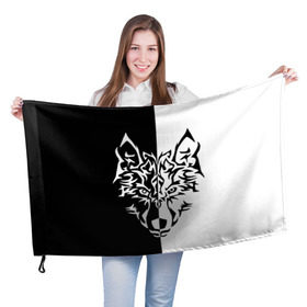 Флаг 3D с принтом Двуликий волк в Петрозаводске, 100% полиэстер | плотность ткани — 95 г/м2, размер — 67 х 109 см. Принт наносится с одной стороны | монохромный | тату | черно белый