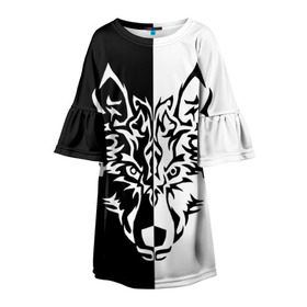 Детское платье 3D с принтом Двуликий волк в Петрозаводске, 100% полиэстер | прямой силуэт, чуть расширенный к низу. Круглая горловина, на рукавах — воланы | монохромный | тату | черно белый