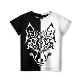 Детская футболка 3D с принтом Двуликий волк в Петрозаводске, 100% гипоаллергенный полиэфир | прямой крой, круглый вырез горловины, длина до линии бедер, чуть спущенное плечо, ткань немного тянется | монохромный | тату | черно белый
