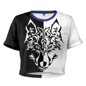 Женская футболка 3D укороченная с принтом Двуликий волк в Петрозаводске, 100% полиэстер | круглая горловина, длина футболки до линии талии, рукава с отворотами | монохромный | тату | черно белый