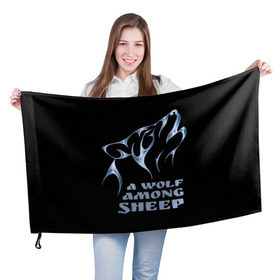 Флаг 3D с принтом Волк среди овец в Петрозаводске, 100% полиэстер | плотность ткани — 95 г/м2, размер — 67 х 109 см. Принт наносится с одной стороны | wolf among sheep | татуировка | хищник