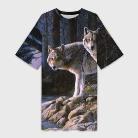 Платье-футболка 3D с принтом Волки, картина маслом в Петрозаводске,  |  | аука | бирюк | волк | волчара | волчица | волчок | глаза | животное | животные | зверь | зеленые | койот | лес | млекопитающее | природа | санитар леса | серый | уши | фауна | хищник | черный | шакал
