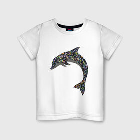Детская футболка хлопок с принтом Дельфин в Петрозаводске, 100% хлопок | круглый вырез горловины, полуприлегающий силуэт, длина до линии бедер | Тематика изображения на принте: дельфин | животное