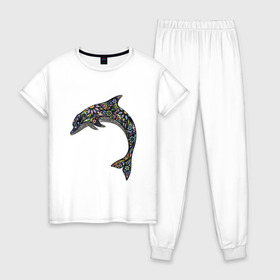 Женская пижама хлопок с принтом Дельфин в Петрозаводске, 100% хлопок | брюки и футболка прямого кроя, без карманов, на брюках мягкая резинка на поясе и по низу штанин | дельфин | животное