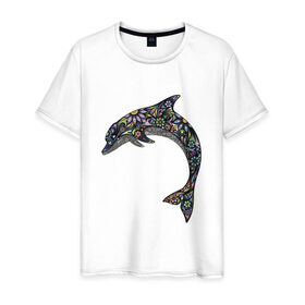 Мужская футболка хлопок с принтом Дельфин в Петрозаводске, 100% хлопок | прямой крой, круглый вырез горловины, длина до линии бедер, слегка спущенное плечо. | дельфин | животное