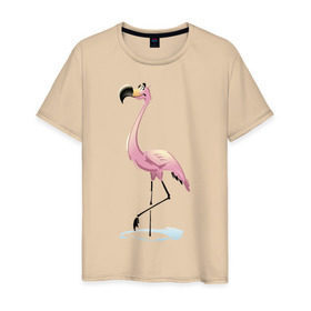 Мужская футболка хлопок с принтом Фламинго в Петрозаводске, 100% хлопок | прямой крой, круглый вырез горловины, длина до линии бедер, слегка спущенное плечо. | Тематика изображения на принте: птица | фламинго | цапля