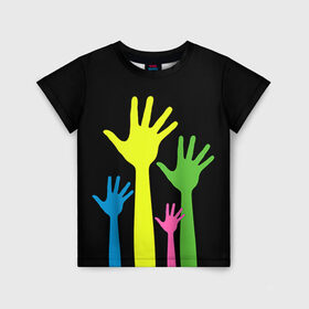 Детская футболка 3D с принтом Руки вверх! в Петрозаводске, 100% гипоаллергенный полиэфир | прямой крой, круглый вырез горловины, длина до линии бедер, чуть спущенное плечо, ткань немного тянется | Тематика изображения на принте: светящиеся | флуоресцентный | флюр | флюровый