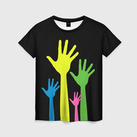 Женская футболка 3D с принтом Руки вверх! в Петрозаводске, 100% полиэфир ( синтетическое хлопкоподобное полотно) | прямой крой, круглый вырез горловины, длина до линии бедер | светящиеся | флуоресцентный | флюр | флюровый