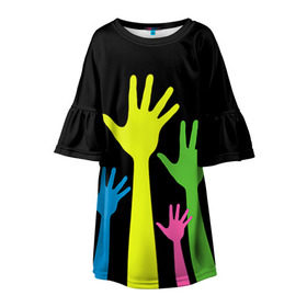 Детское платье 3D с принтом Руки вверх! в Петрозаводске, 100% полиэстер | прямой силуэт, чуть расширенный к низу. Круглая горловина, на рукавах — воланы | Тематика изображения на принте: светящиеся | флуоресцентный | флюр | флюровый