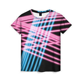Женская футболка 3D с принтом Неон в Петрозаводске, 100% полиэфир ( синтетическое хлопкоподобное полотно) | прямой крой, круглый вырез горловины, длина до линии бедер | линии | полосы | светящиеся | флуоресцентный | флюр | флюровый