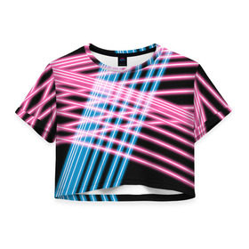 Женская футболка 3D укороченная с принтом Неон в Петрозаводске, 100% полиэстер | круглая горловина, длина футболки до линии талии, рукава с отворотами | линии | полосы | светящиеся | флуоресцентный | флюр | флюровый