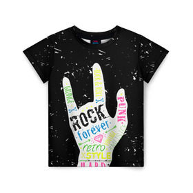 Детская футболка 3D с принтом Рок форева! в Петрозаводске, 100% гипоаллергенный полиэфир | прямой крой, круглый вырез горловины, длина до линии бедер, чуть спущенное плечо, ткань немного тянется | rock | навсегда | светящиеся | флуоресцентный | флюр | флюровый