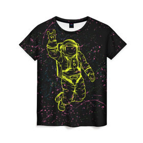 Женская футболка 3D с принтом Космический рок в Петрозаводске, 100% полиэфир ( синтетическое хлопкоподобное полотно) | прямой крой, круглый вырез горловины, длина до линии бедер | космонавт | светящиеся | скафандр | флуоресцентный | флюр | флюровый