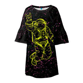 Детское платье 3D с принтом Космический рок в Петрозаводске, 100% полиэстер | прямой силуэт, чуть расширенный к низу. Круглая горловина, на рукавах — воланы | космонавт | светящиеся | скафандр | флуоресцентный | флюр | флюровый