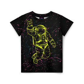 Детская футболка 3D с принтом Космический рок в Петрозаводске, 100% гипоаллергенный полиэфир | прямой крой, круглый вырез горловины, длина до линии бедер, чуть спущенное плечо, ткань немного тянется | Тематика изображения на принте: космонавт | светящиеся | скафандр | флуоресцентный | флюр | флюровый
