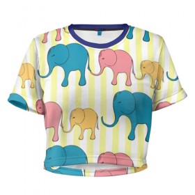 Женская футболка 3D укороченная с принтом Слоники в Петрозаводске, 100% полиэстер | круглая горловина, длина футболки до линии талии, рукава с отворотами | elephant | hipster | индия | йога | слон | хипстер