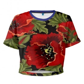 Женская футболка 3D укороченная с принтом Цветение мака в Петрозаводске, 100% полиэстер | круглая горловина, длина футболки до линии талии, рукава с отворотами | flower | красные | полевой цветок | природа | розы | текстуры | цветочки | цветы