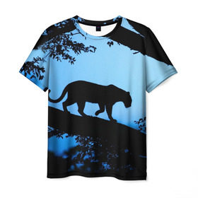 Мужская футболка 3D с принтом Чёрная пантера в Петрозаводске, 100% полиэфир | прямой крой, круглый вырез горловины, длина до линии бедер | африка | вечер | дерево | дикая кошка | закат | леопард | сафари | ягуар
