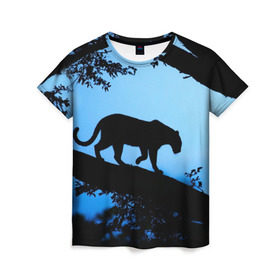 Женская футболка 3D с принтом Чёрная пантера в Петрозаводске, 100% полиэфир ( синтетическое хлопкоподобное полотно) | прямой крой, круглый вырез горловины, длина до линии бедер | африка | вечер | дерево | дикая кошка | закат | леопард | сафари | ягуар