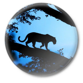 Значок с принтом Чёрная пантера в Петрозаводске,  металл | круглая форма, металлическая застежка в виде булавки | Тематика изображения на принте: африка | вечер | дерево | дикая кошка | закат | леопард | сафари | ягуар