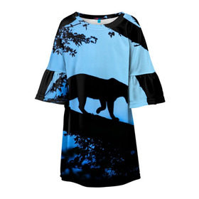 Детское платье 3D с принтом Чёрная пантера в Петрозаводске, 100% полиэстер | прямой силуэт, чуть расширенный к низу. Круглая горловина, на рукавах — воланы | африка | вечер | дерево | дикая кошка | закат | леопард | сафари | ягуар
