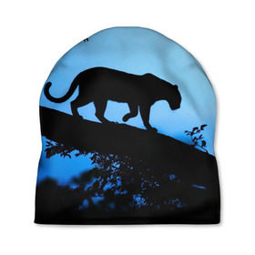 Шапка 3D с принтом Чёрная пантера в Петрозаводске, 100% полиэстер | универсальный размер, печать по всей поверхности изделия | Тематика изображения на принте: африка | вечер | дерево | дикая кошка | закат | леопард | сафари | ягуар
