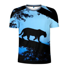 Мужская футболка 3D спортивная с принтом Чёрная пантера в Петрозаводске, 100% полиэстер с улучшенными характеристиками | приталенный силуэт, круглая горловина, широкие плечи, сужается к линии бедра | Тематика изображения на принте: африка | вечер | дерево | дикая кошка | закат | леопард | сафари | ягуар
