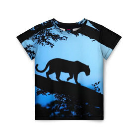 Детская футболка 3D с принтом Чёрная пантера в Петрозаводске, 100% гипоаллергенный полиэфир | прямой крой, круглый вырез горловины, длина до линии бедер, чуть спущенное плечо, ткань немного тянется | африка | вечер | дерево | дикая кошка | закат | леопард | сафари | ягуар
