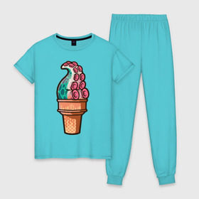 Женская пижама хлопок с принтом Мороженое в Петрозаводске, 100% хлопок | брюки и футболка прямого кроя, без карманов, на брюках мягкая резинка на поясе и по низу штанин | мороженое | осьминог | присоски | тентакли | щупальца