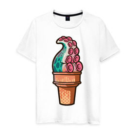 Мужская футболка хлопок с принтом Мороженое в Петрозаводске, 100% хлопок | прямой крой, круглый вырез горловины, длина до линии бедер, слегка спущенное плечо. | Тематика изображения на принте: мороженое | осьминог | присоски | тентакли | щупальца