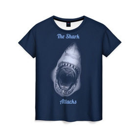 Женская футболка 3D с принтом the shark attacks в Петрозаводске, 100% полиэфир ( синтетическое хлопкоподобное полотно) | прямой крой, круглый вырез горловины, длина до линии бедер | shark | акула | глубина | зубы | море | океан | пасть | укус | хищник