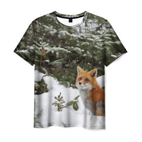 Мужская футболка 3D с принтом Лиса в зимнем лесу в Петрозаводске, 100% полиэфир | прямой крой, круглый вырез горловины, длина до линии бедер | Тематика изображения на принте: fox | животное | зверь | красивая | лес | лис | лиса | лисенок | лисица | лисичка | мех | патрикеевна | песец | плутовка | прикольная | природа | рыжая | рыжий цвет | сказка | хвост | хитрая | хищник