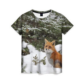 Женская футболка 3D с принтом Лиса в зимнем лесу в Петрозаводске, 100% полиэфир ( синтетическое хлопкоподобное полотно) | прямой крой, круглый вырез горловины, длина до линии бедер | Тематика изображения на принте: fox | животное | зверь | красивая | лес | лис | лиса | лисенок | лисица | лисичка | мех | патрикеевна | песец | плутовка | прикольная | природа | рыжая | рыжий цвет | сказка | хвост | хитрая | хищник