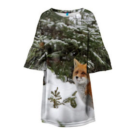 Детское платье 3D с принтом Лиса в зимнем лесу в Петрозаводске, 100% полиэстер | прямой силуэт, чуть расширенный к низу. Круглая горловина, на рукавах — воланы | fox | животное | зверь | красивая | лес | лис | лиса | лисенок | лисица | лисичка | мех | патрикеевна | песец | плутовка | прикольная | природа | рыжая | рыжий цвет | сказка | хвост | хитрая | хищник