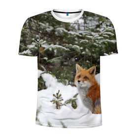 Мужская футболка 3D спортивная с принтом Лиса в зимнем лесу в Петрозаводске, 100% полиэстер с улучшенными характеристиками | приталенный силуэт, круглая горловина, широкие плечи, сужается к линии бедра | Тематика изображения на принте: fox | животное | зверь | красивая | лес | лис | лиса | лисенок | лисица | лисичка | мех | патрикеевна | песец | плутовка | прикольная | природа | рыжая | рыжий цвет | сказка | хвост | хитрая | хищник