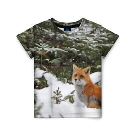 Детская футболка 3D с принтом Лиса в зимнем лесу в Петрозаводске, 100% гипоаллергенный полиэфир | прямой крой, круглый вырез горловины, длина до линии бедер, чуть спущенное плечо, ткань немного тянется | Тематика изображения на принте: fox | животное | зверь | красивая | лес | лис | лиса | лисенок | лисица | лисичка | мех | патрикеевна | песец | плутовка | прикольная | природа | рыжая | рыжий цвет | сказка | хвост | хитрая | хищник