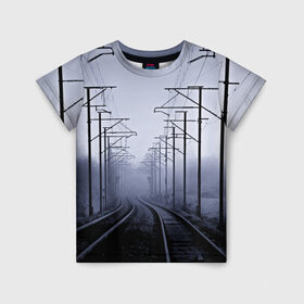 Детская футболка 3D с принтом Туманная дорога в Петрозаводске, 100% гипоаллергенный полиэфир | прямой крой, круглый вырез горловины, длина до линии бедер, чуть спущенное плечо, ткань немного тянется | Тематика изображения на принте: 3d | железная дорога | пути | столбы | страны | туман | туманная дорога